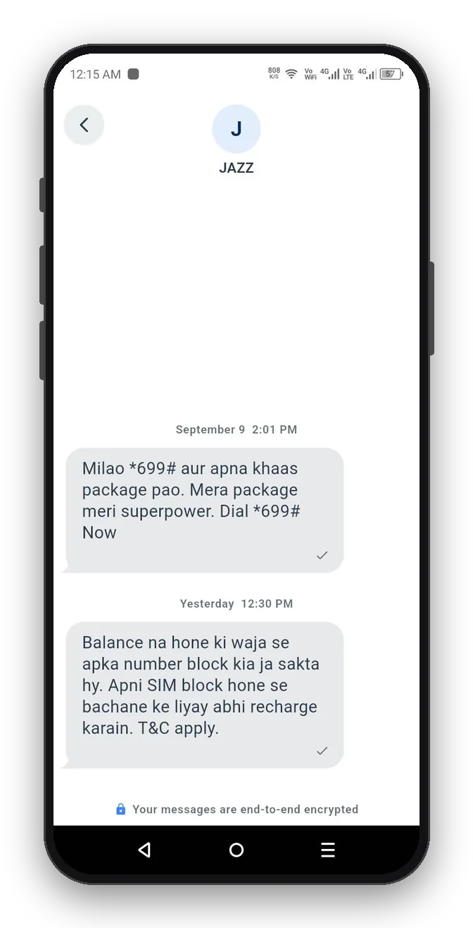 A conversation on the Android SIM phone, with the note that messages are end-to-end encrypted