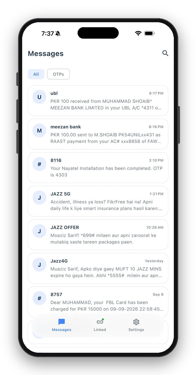 The Messages list on the iPhone showing the synced conversations